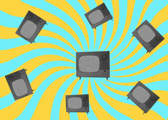 Old TVs on a yellow psychedelic background. retro art collage