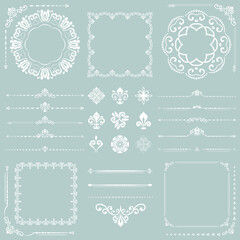 Vintage set of horizontal, square and round elements. Different elements for backgrounds, frames and monograms. Classic patterns. Set of vintage white patterns