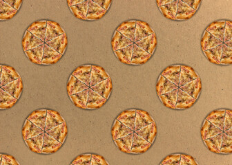 Fototapeta na wymiar Pizza on a cardboard background. Seamless pattern with cut pizza with bacon.