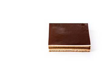 Opera cake dessert isolated on white background.Copy space