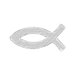 Fish symbol hand hand drawn lines, christian religious faith emblem isolated on white background. Vector illustration.