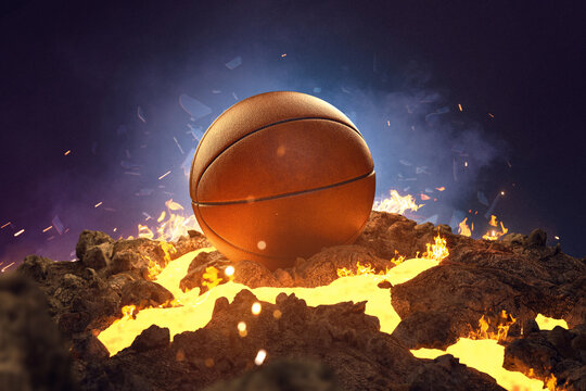 Basketball laying on rocks and burning lava