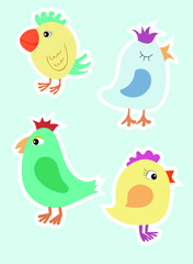 Funny flat birds stickers set, four little birdies, cute colorful bird characters collection 