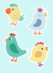 Funny flat birds stickers set, four little birdies, cute colorful bird characters collection 