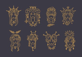 Magic woman boho style portraits set. Mysterious and witchcraft line art design elements. Fantasy vector illustrations for greeting card, logo or poster.