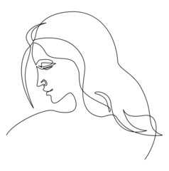 Portrait profile of a beautiful young woman with flowing hair. Continuous line drawing illustration
