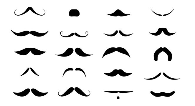 Man's mustache. Set of black icons. Collection of hipster,retro elements for design of various shapes. Vector illustration.