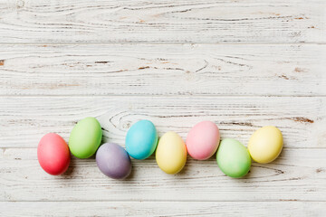 holiday preparation Multi colors Easter eggs on colored background . Pastel color Easter eggs. holiday concept with copy space
