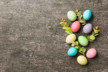 holiday preparation Multi colors Easter eggs on colored background . Pastel color Easter eggs. holiday concept with copy space