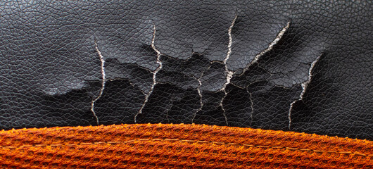 Texture of old cracked black leather close-up