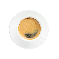 Black coffee with foam in a white cup on plate, top view, isolated at white background