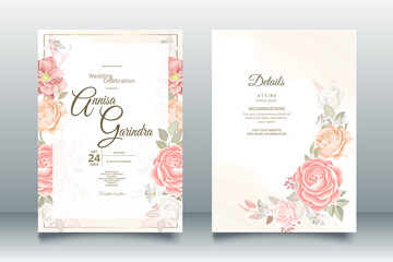 Beautiful brown  floral frame wedding invitation card template Premium Vector