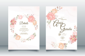 Beautiful brown  floral frame wedding invitation card template Premium Vector