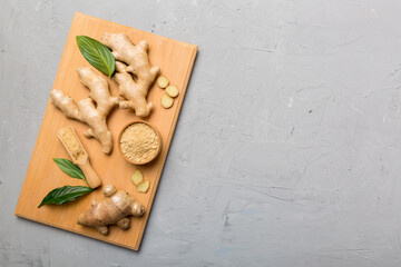 ginger on Cutting board table, top view. Space for text