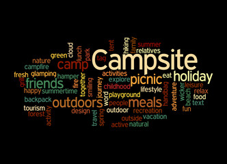 Fototapeta premium Word Cloud with CAMPSITE concept, isolated on a black background