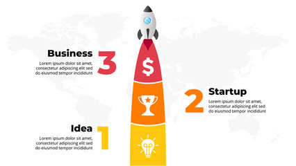 Startup vector infographic. Rocket launch. Presentation slide template. Spaceship fly. Business success diagram chart. Timeline roadmap 3 options, steps. Creative project concept. World map.