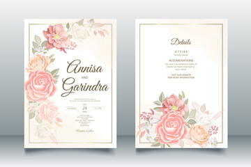 Beautiful brown  floral frame wedding invitation card template Premium Vector