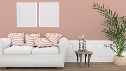 modern living room in pink with 2 blank picture frames, 3d rendering, 3d illustration