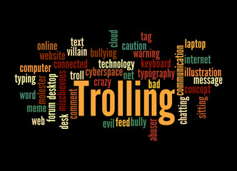 Word Cloud with TROLLING concept, isolated on a black background