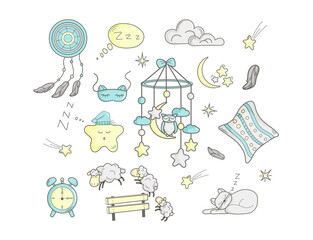 Set with sleep-related items. Moon in the clouds. The lambs jump over the fence. Alarm. The cat is sleeping. Flat style. The star is sleeping. Dreamcatcher. Feather. Vector illustration