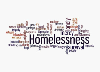 Word Cloud with HOMELESSNESS concept, isolated on a white background