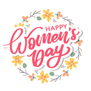 Women's Day hand drawn lettering. Red text isolated on white for postcard, poster, banner design element. Happy Women's Day script calligraphy. Ready holiday lettering design.