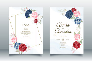 Beautiful navy blue  floral frame wedding invitation card template Premium Vector