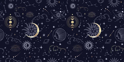 Foto op Plexiglas Vector seamless pattern with celestial mystic esoteric magic elements constellations and stars. Alchemy tattoo template. Vector © merfin