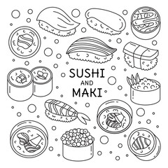 A set of illustrations of sushi, sashimi and maki. Japanese cuisine. Doodle, cartoon. Isolated on a white background.