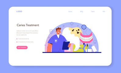 Dentist web banner or landing page. Dental doctor in uniform treating