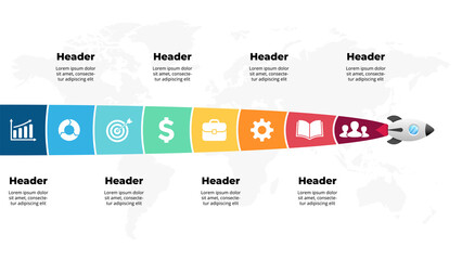 Startup vector infographic. Rocket launch. Presentation slide template. Spaceship fly. Business success diagram chart. Timeline roadmap 8 options, steps. Creative project concept. World map.