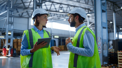 Factory employees discussing product supply shipment analysing distribution