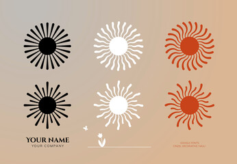 Set of logos. Sun in boho style. Style of the 70s. Mystical symbols. Magic emblems. Vector illustration - 485556309