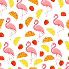Obraz premium Seamless pattern with tropical bird flamingos, leaves and fruits. Texture with a bird for textiles, wallpaper, print design, clothes postcards. Vector illustration.