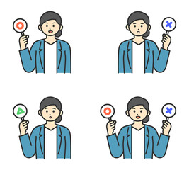 女性社員がまるとばつと三角の札を持つイラスト素材