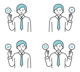 男性社員がまるとばつと三角の札を持つイラスト素材