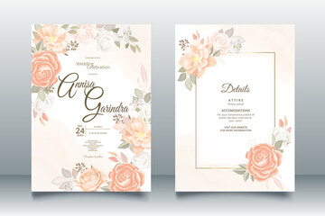  Wedding invitation card template set with beautiful orange  floral leaves Premium Vector