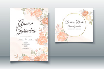  Wedding invitation card template set with beautiful orange  floral leaves Premium Vector