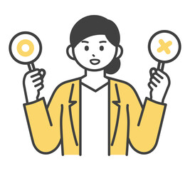 女性社員がまるとばつの札を持つイラスト素材