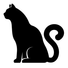 cat sits quietly with tail in shape of question mark. Silhouette of domestic cat, pets. Simple black and white vector isolated on white background