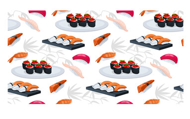 Pattern with Japanese food. Sushi sashimi on a black tray. Rolls with red caviar. Japanese cuisine in the restaurant. Seamless, textile. Flat style. Bamboo branch. Vector illustration.