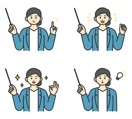 女性社員が指し棒で説明するイラスト素材