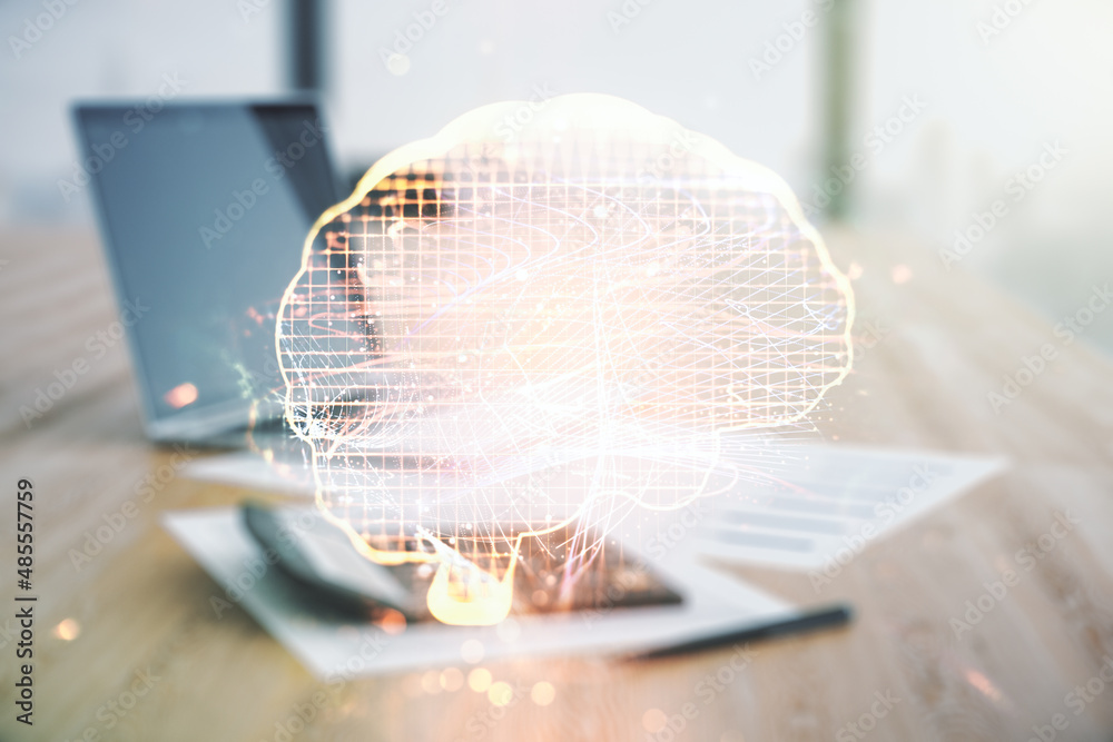 Aufkleber Virtual creative artificial Intelligence hologram with human brain sketch on blurry calculator and computer background. Double exposure