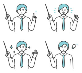 男性社員が指し棒で説明するイラスト素材