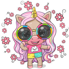 Unicorn in a t-shirt and shorts with glasses and flowers
