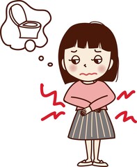 お腹が痛くて、トイレに行きたい若い女性。	
