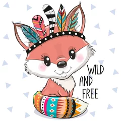 Fototapete Kinderzimmer Cartoon Stammes-Fuchs mit Federn auf weißem Hintergrund