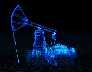 Oil fields concept. Oil drilling derricks at desert oilfield for fossil fuels output and crude oil production from the ground. 3d illustration. Oil drill rig and pump jack particle style design.