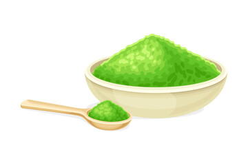 Bowl and spoon of spirulina powder. Eco healthy dietary supplement vector illustration