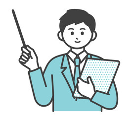 男性社員が指し棒で説明するイラスト素材